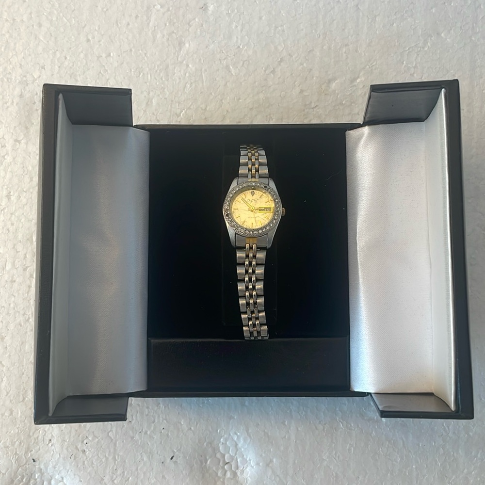Vintage Cheryl Tiegs women’s diamond watch new battery gold silver tone band